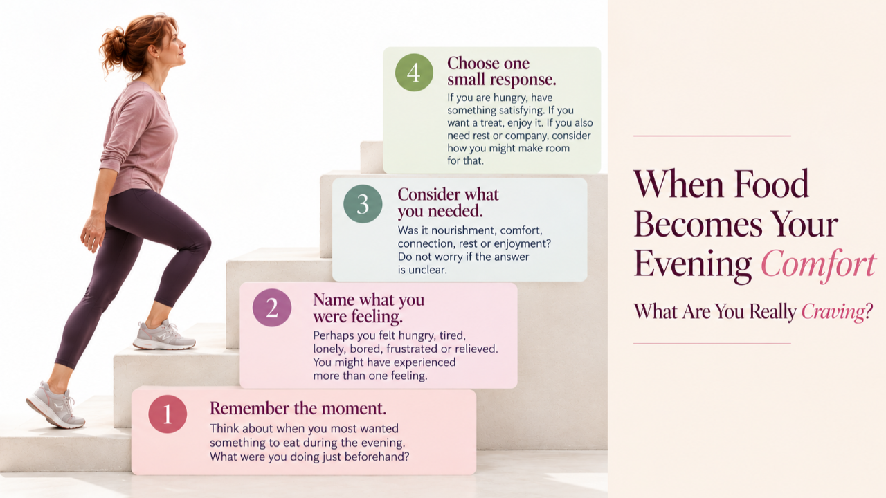 Midlife woman in yoga leggings and trainers climbing four steps to better understand emotional eating, evening cravings and her relationship with food.