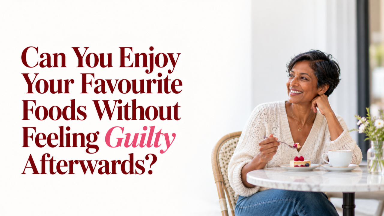 miling midlife woman enjoying a slice of cake and coffee at a café, illustrating food confidence and enjoying favourite foods without guilt.