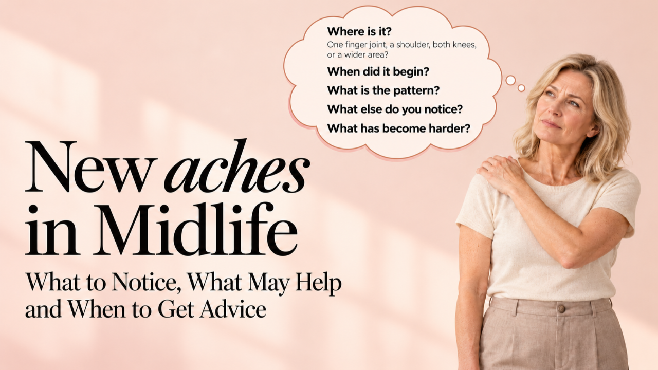 Blonde midlife woman holding her shoulder, with questions about new aches, symptom patterns and when to seek advice, against a warm peach background.