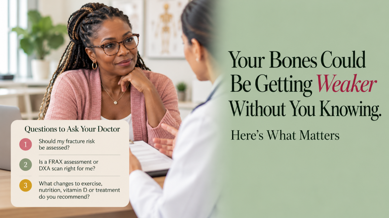 Cameroonian woman in her 50s with braided hair and glasses discussing bone health and osteoporosis risk with her GP, including questions about bone density scans and menopause.
