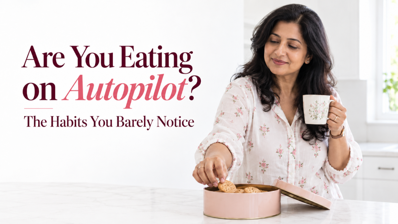 Indian woman in midlife reaching for a biscuit while holding a cup of tea in her kitchen, illustrating automatic eating habits and mindless snacking.