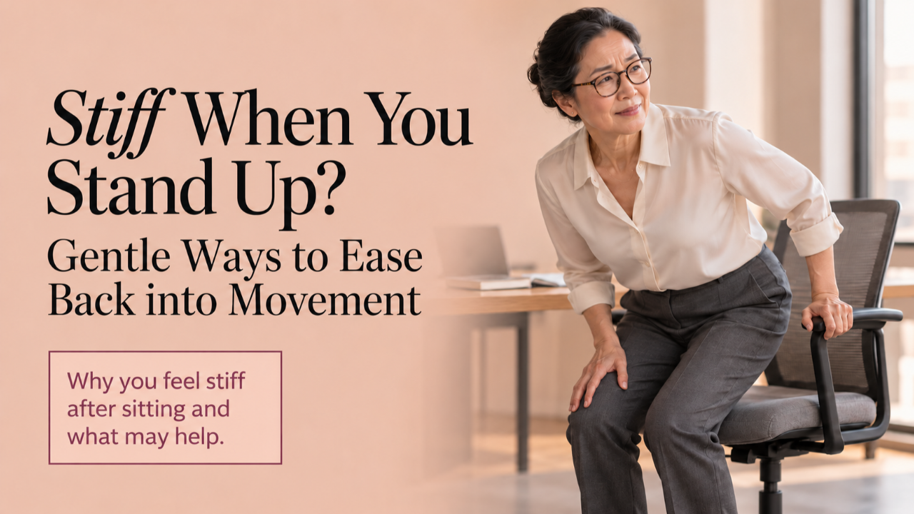 Midlife Asian woman with glasses and her hair in a bun rising carefully from an office chair, illustrating stiffness after sitting and gentle ways to ease into movement.