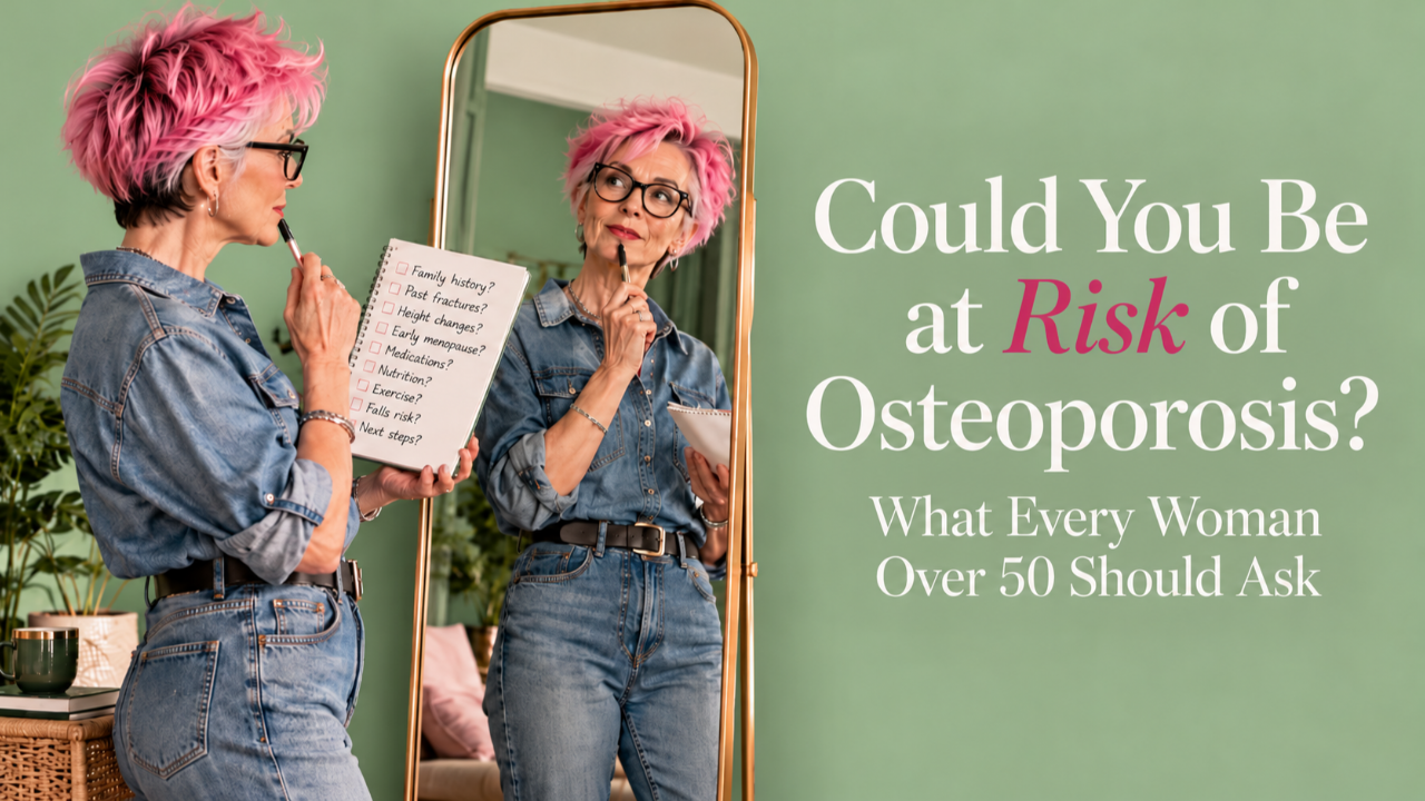 Stylish woman from Monaco  over 50 with pink hair, glasses and denim clothing, reviewing an osteoporosis risk checklist while looking at herself in a full length mirror.