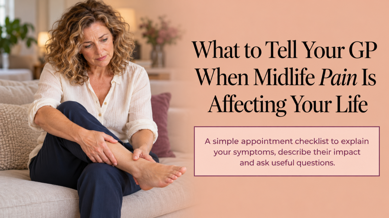 Concerned midlife woman holding her ankle, alongside guidance on preparing for a GP appointment about pain and its impact on daily life.