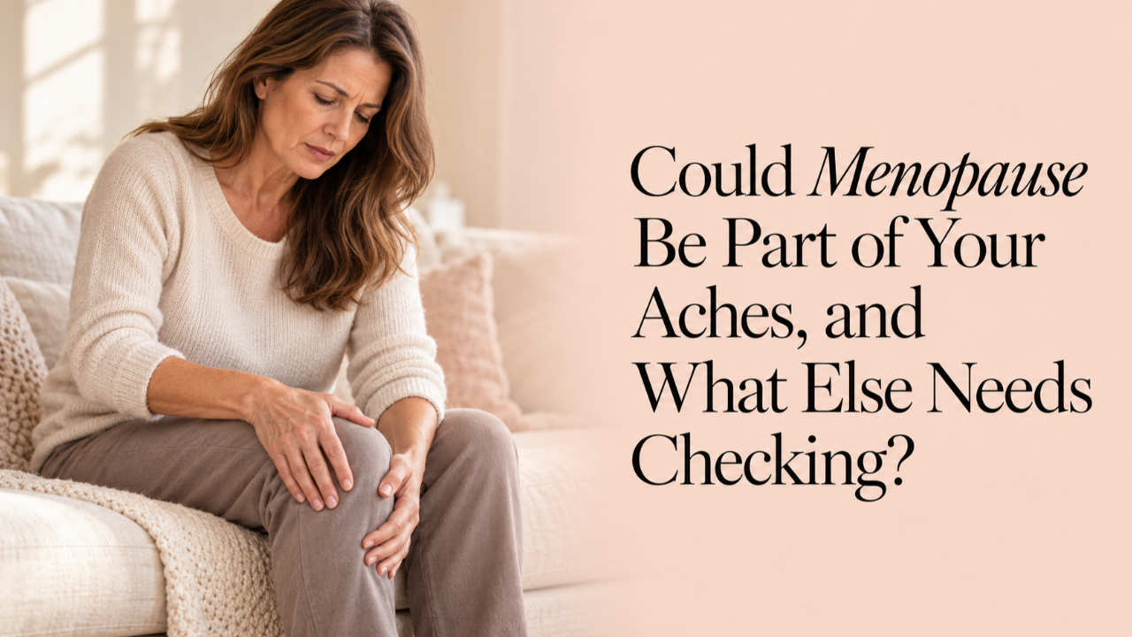 Midlife woman with long brown hair holding her sore knee while sitting on a sofa, beside a headline about menopause, joint aches and what else needs checking.
