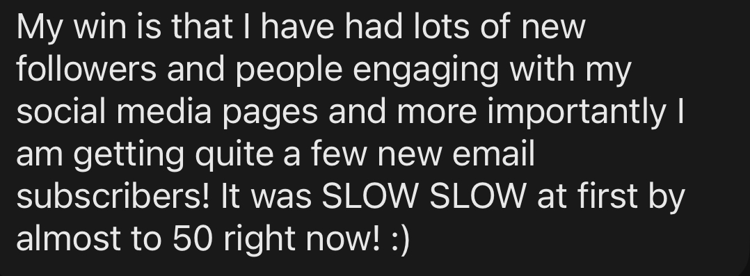 Student text about new followers and almost 50 email subscribers