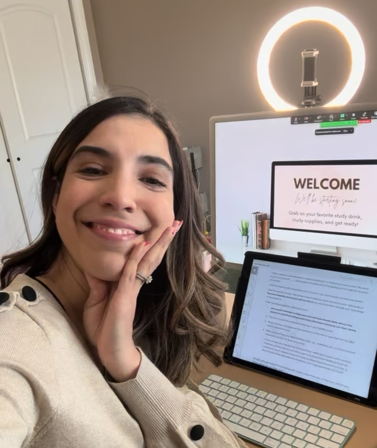 Lily at her desk before her first live workshop