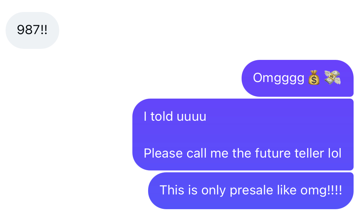 Student text: 987, with Lily replying this is only presale