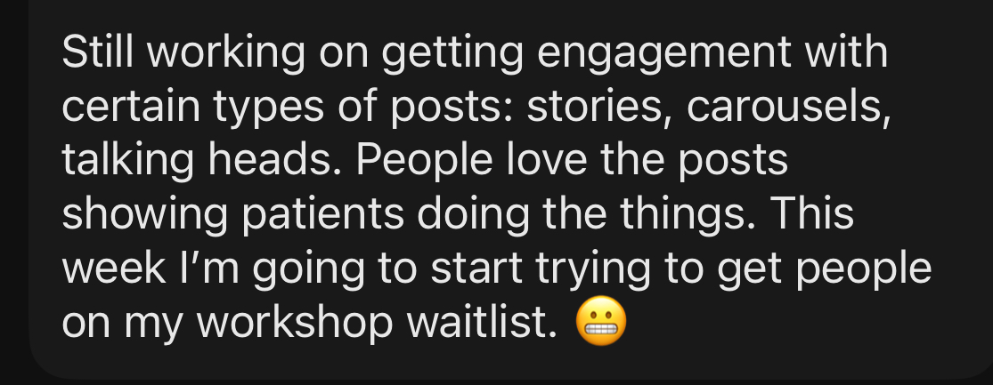 Student text about getting people on her workshop waitlist