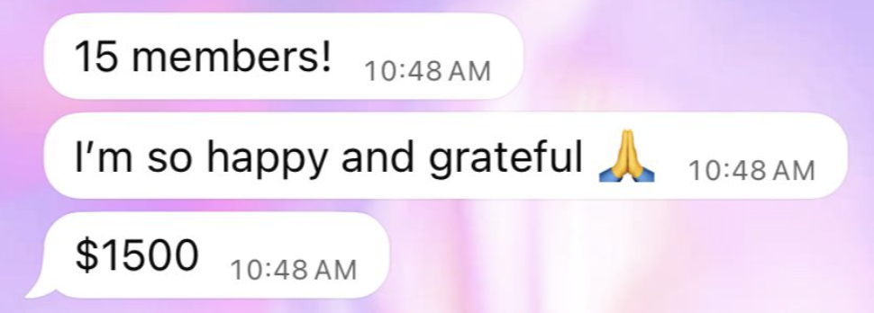 Student text: 15 members, so happy and grateful, $1500
