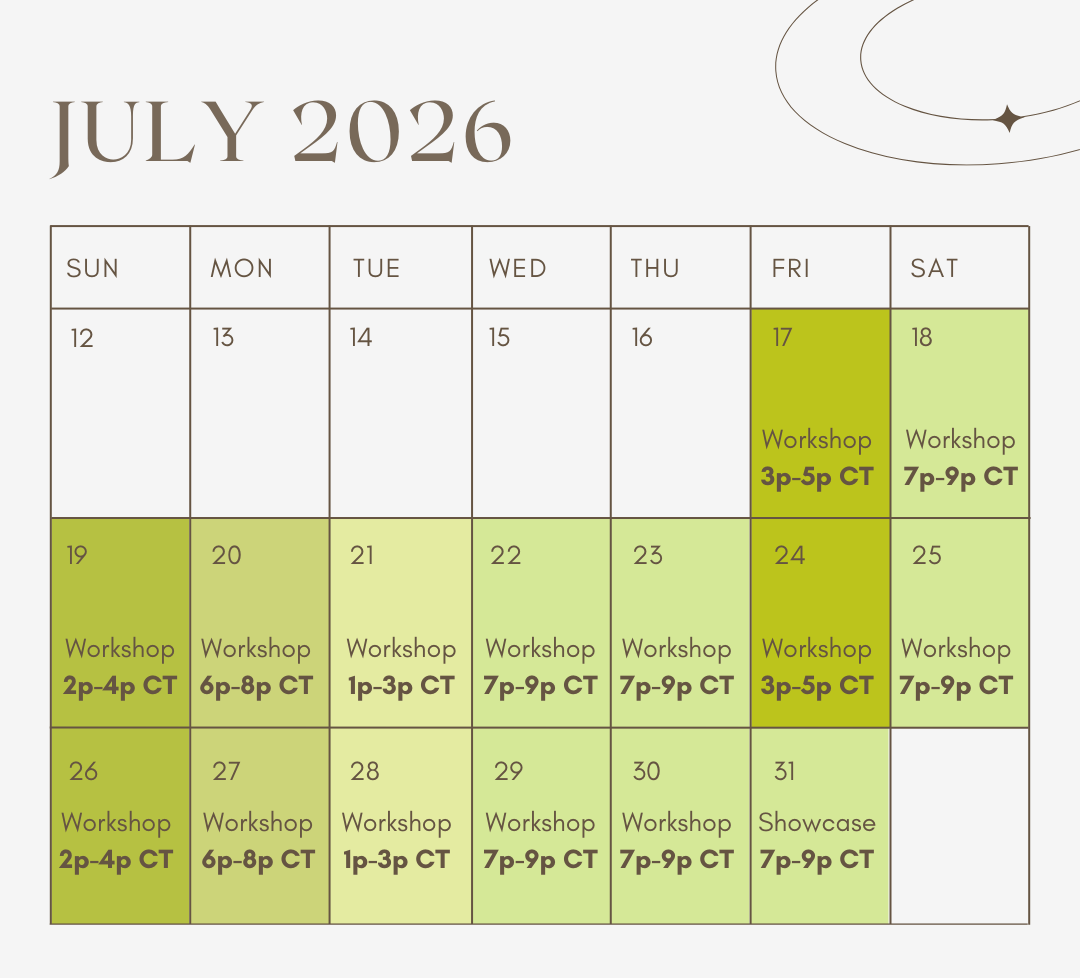Calendar graphic. July 2025 including workshop days and times.