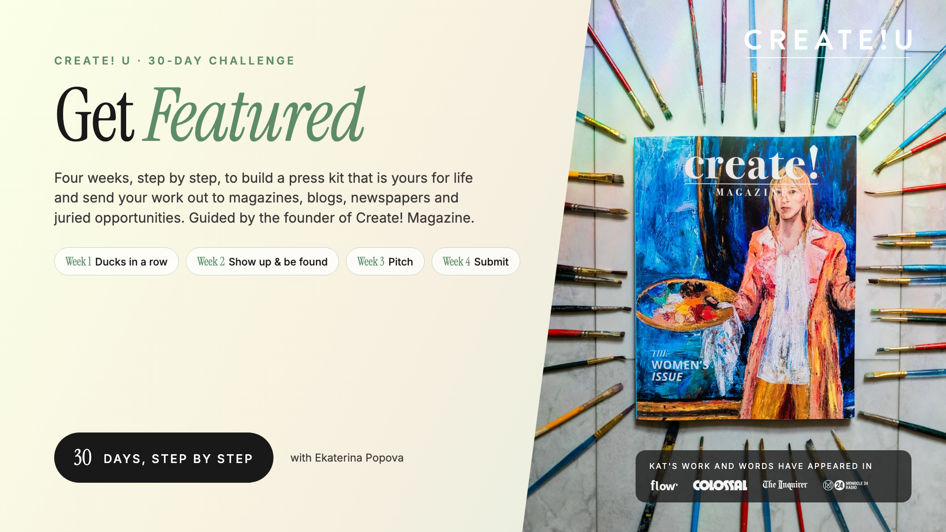 Get Featured, a 30-day challenge: the Create! Magazine Women’s Issue surrounded by paintbrushes