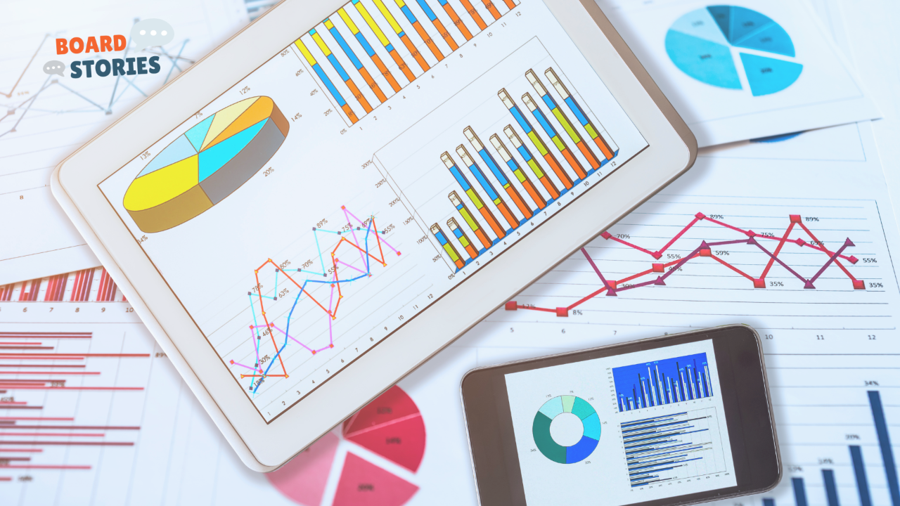 Tablet and phone displaying colorful charts and graphs on a desk covered in printed reports.
