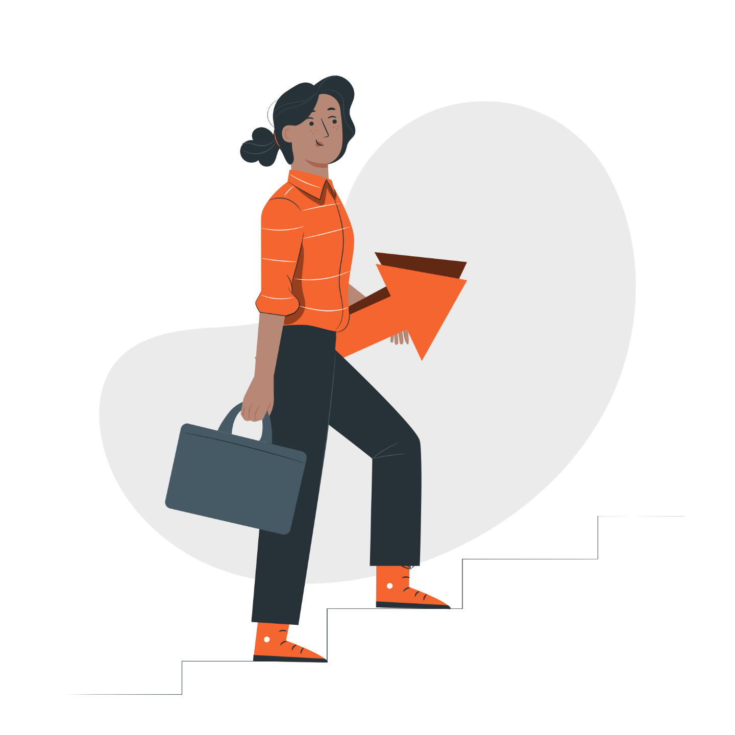 A graphic of a person carrying an arrow in one hand, and a briefcase in the other, stepping up a set of stairs.