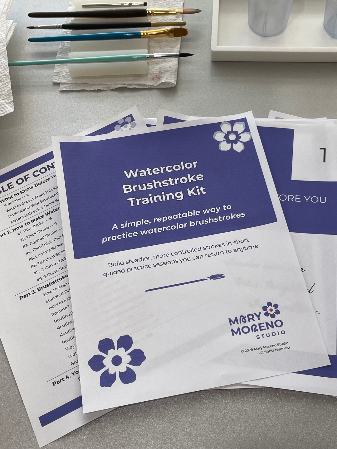 An image depicting the cover of the Watercolor Brushstroke Training Kit designed for beginners by Mary Moreno Studio