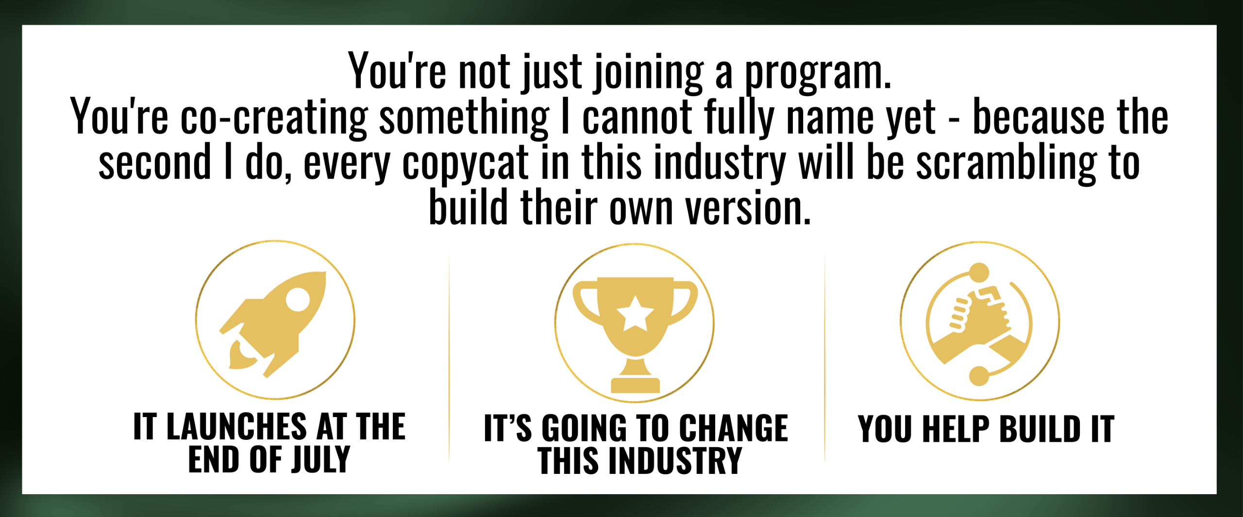 You're not just joining a program. You're co-creating something I cannot fully name yet - because the second i do, every copycat in this industry will be scrambling to build their own version.