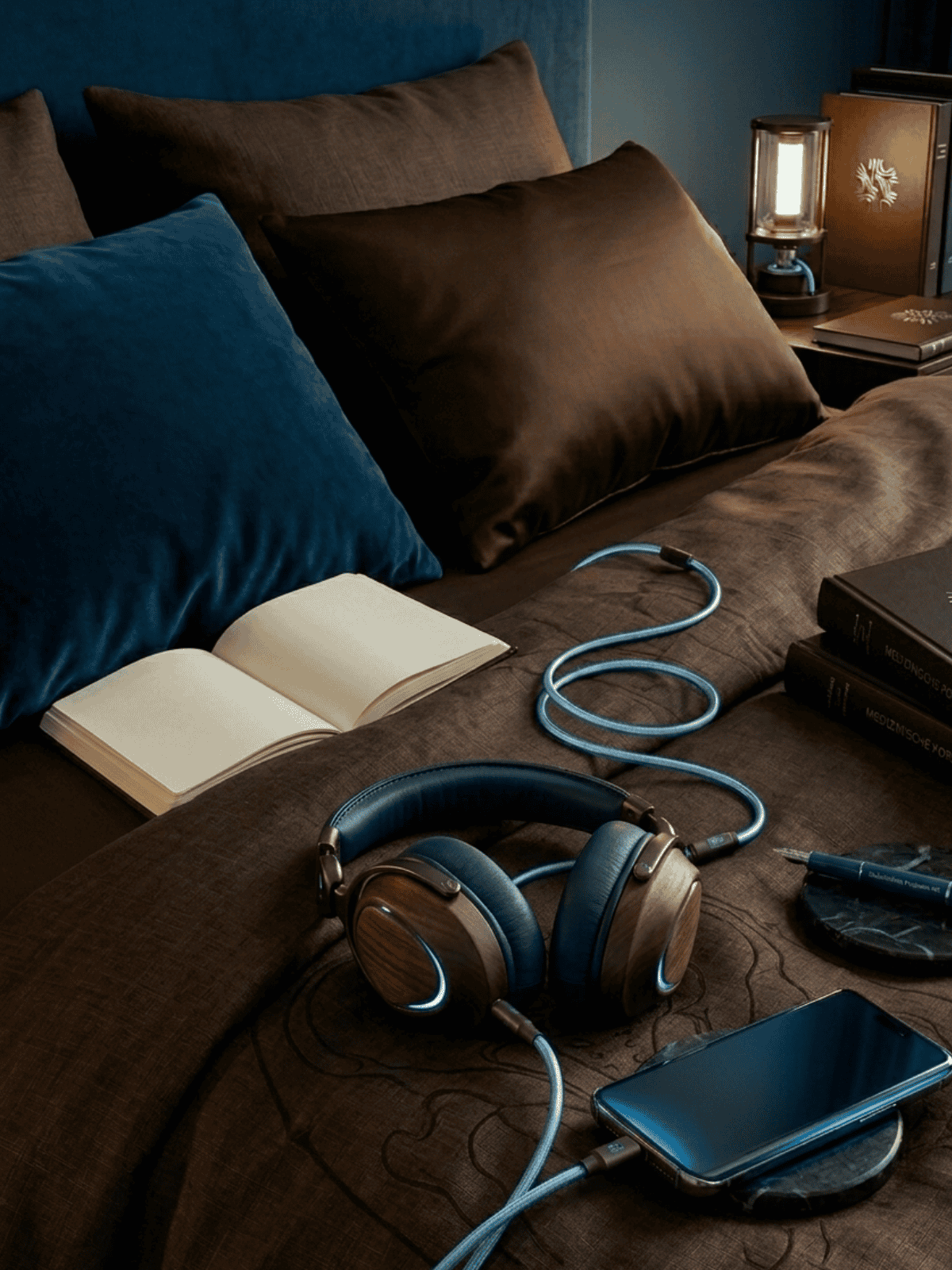 Kopfhörer und Buch auf einem Bett