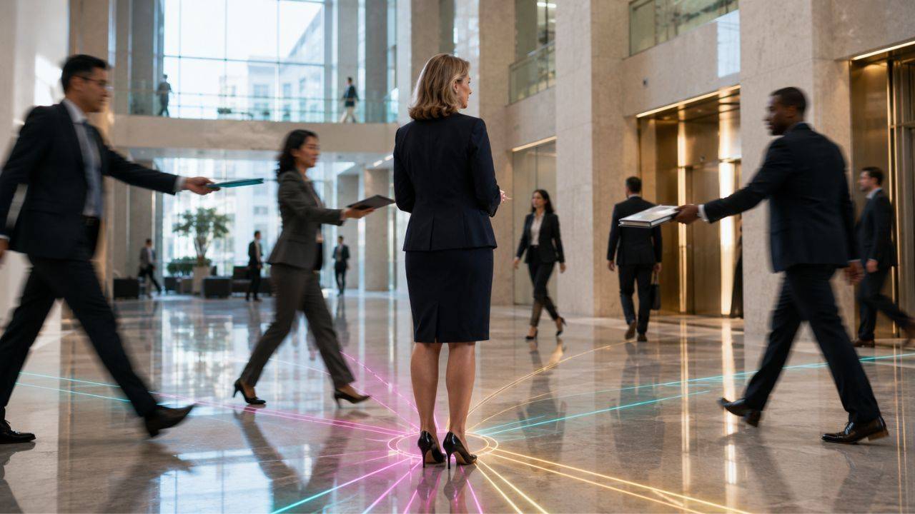 Professional woman stands in a corporate lobby as colleagues move around her and hand her work, illustrating organizational dependency and career plateau.