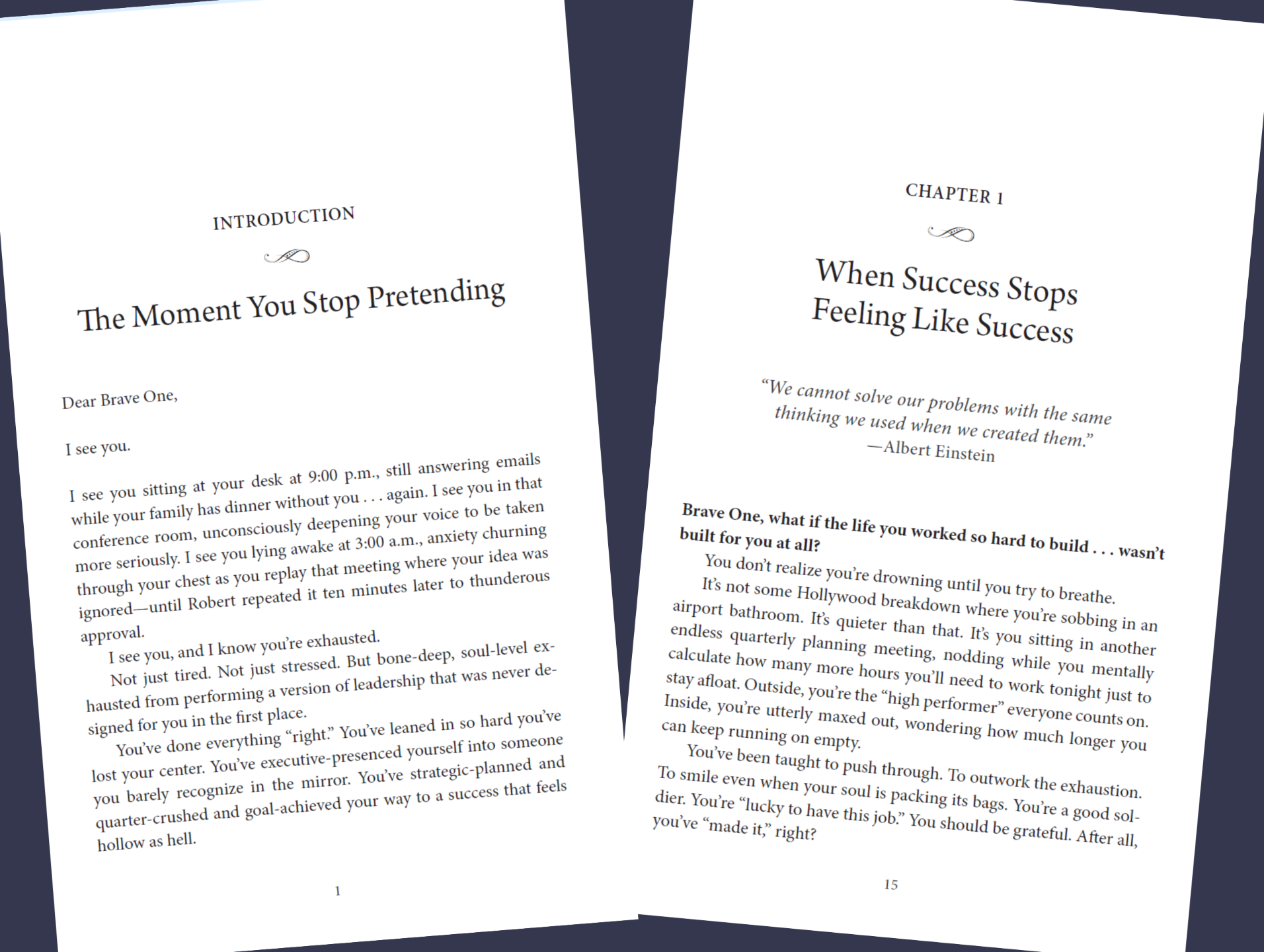 Interior pages from SoulFIRE Leadership by Amanda L. Christian, two open book pages showing the Introduction titled 'The Moment You Stop Pretending' and Chapter One titled 'When Success Stops Feeling Like Success', dark navy page edges with clean white interior pages and serif typography