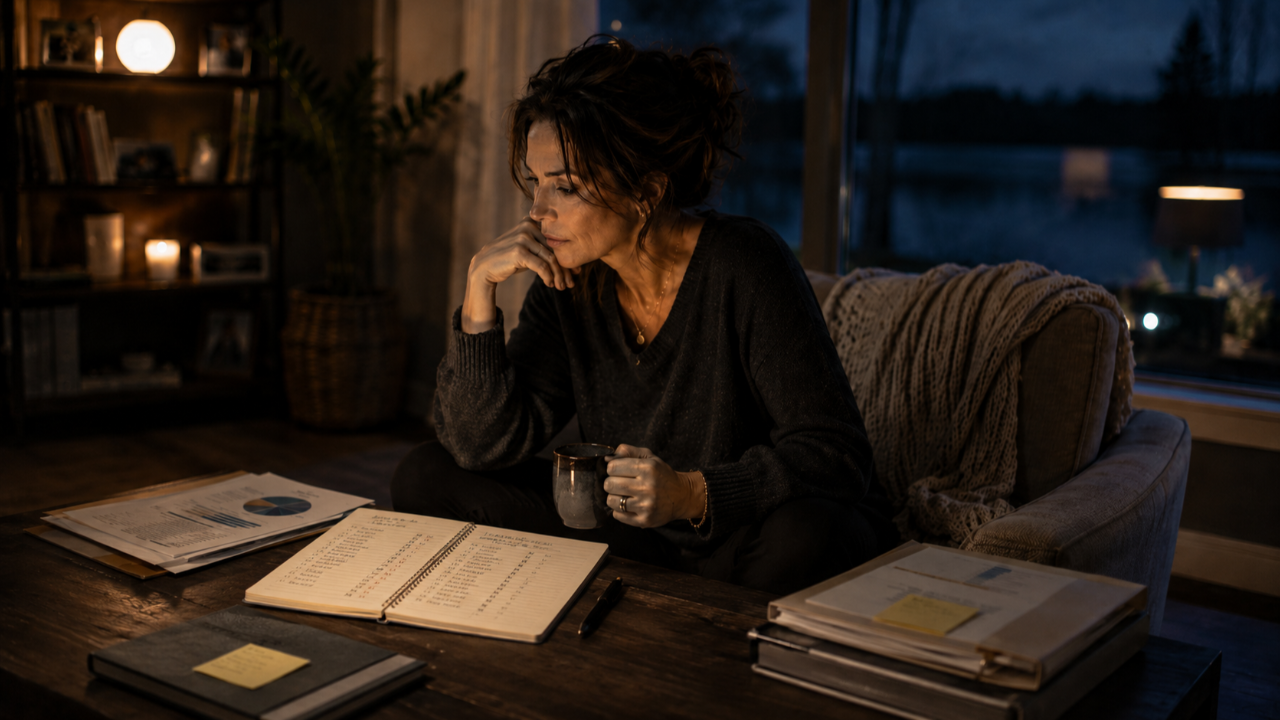 A woman working through a career audit in a notebook at dusk, reviewing what her career has cost across five ledgers.