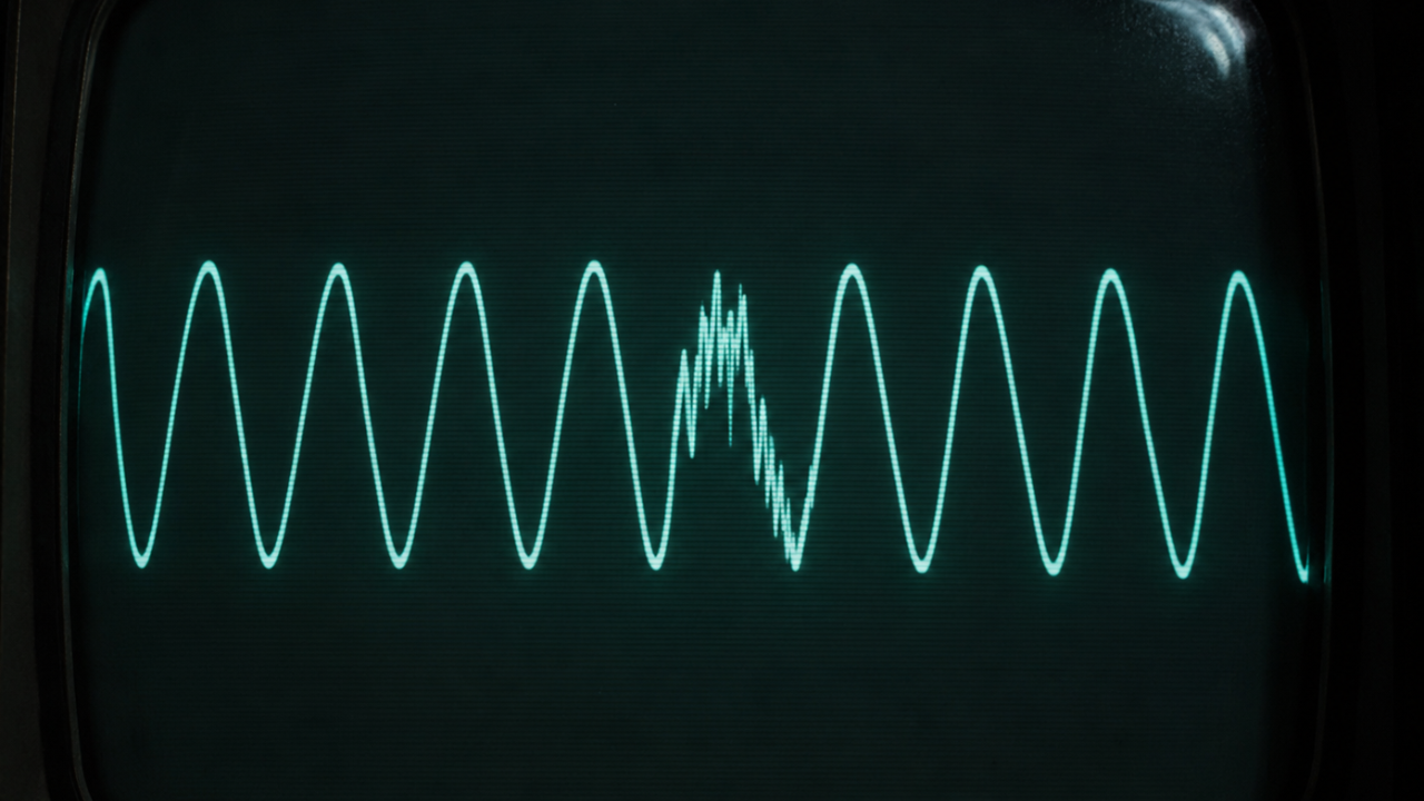 Oscilloscope displaying a clean signal with a single section of interference, used by Amanda L. Christian of SoulFIRE Leadership, LLC to illustrate how AI in the workplace disrupts the read-of-the-room instincts senior women in finance and technology rely on.