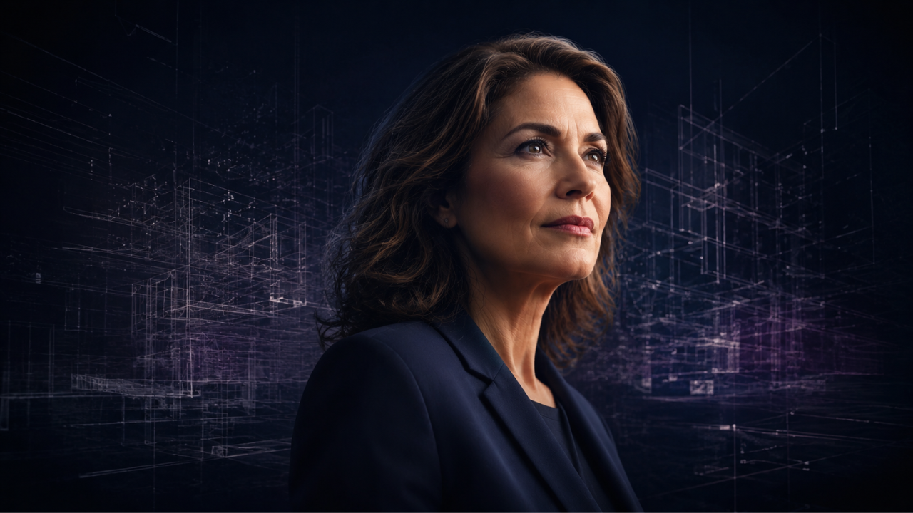 Composed senior professional woman surrounded by translucent architectural schematics in deep navy and purple representing career development planning that women in leadership roles run underground.