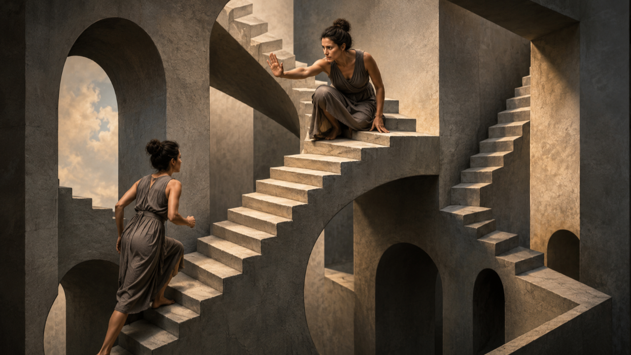 Woman climbing an impossible staircase toward another version of herself, symbolizing self-sabotage in high-achieving leaders