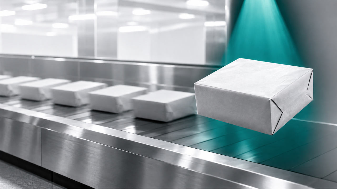 Amanda L. Christian illustration for favoritism in the workplace: a white package lifted off a moving conveyor belt into sharp focus, representing what it takes to avoid being passed over for promotion when institutional memory keeps moving on its own schedule.