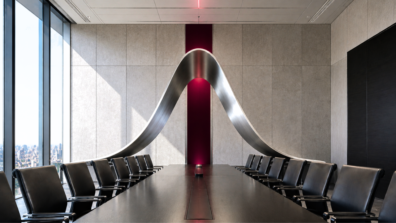 Illustration of a bell curve appraisal structure inside an empty boardroom, representing forced distribution performance ranking. Amanda L. Christian, SoulFIRE Leadership