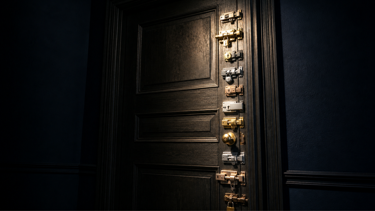 A dark wooden door fitted with a mismatched row of deadbolts and locks from top to bottom, added one at a time, visual metaphor for self-justification and overexplaining at work