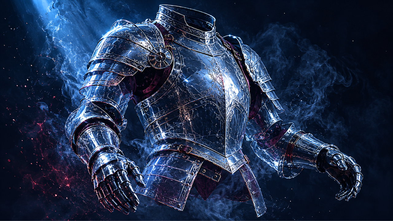 Abstract image of armor suspended in space representing the identity cost of working with difficult people and toxic colleagues in corporate environments