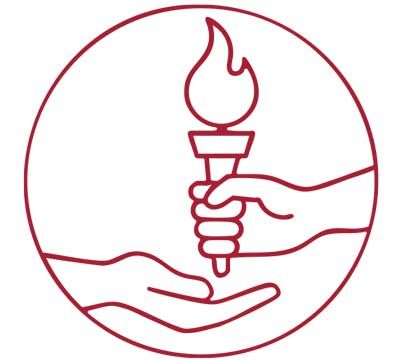 Icon of a hand handing over a "knowledge" torch to another