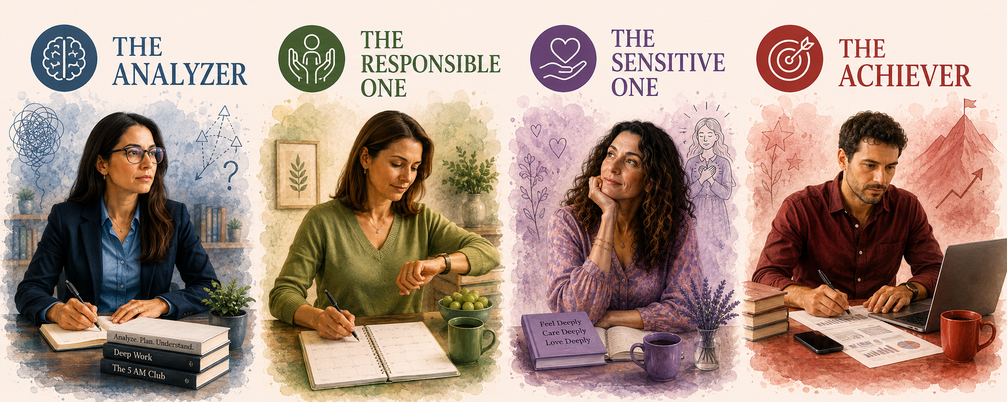 Four HeartFlow protective patterns: The Analyzer, The Responsible One, The Sensitive One, and The Achiever
