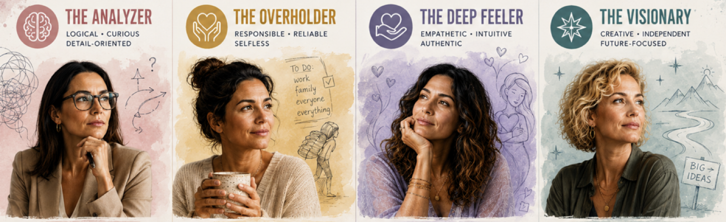 The four HeartFlow assessment archetypes: The Analyzer, The Overholder, The Deep Feeler, and The Visionary