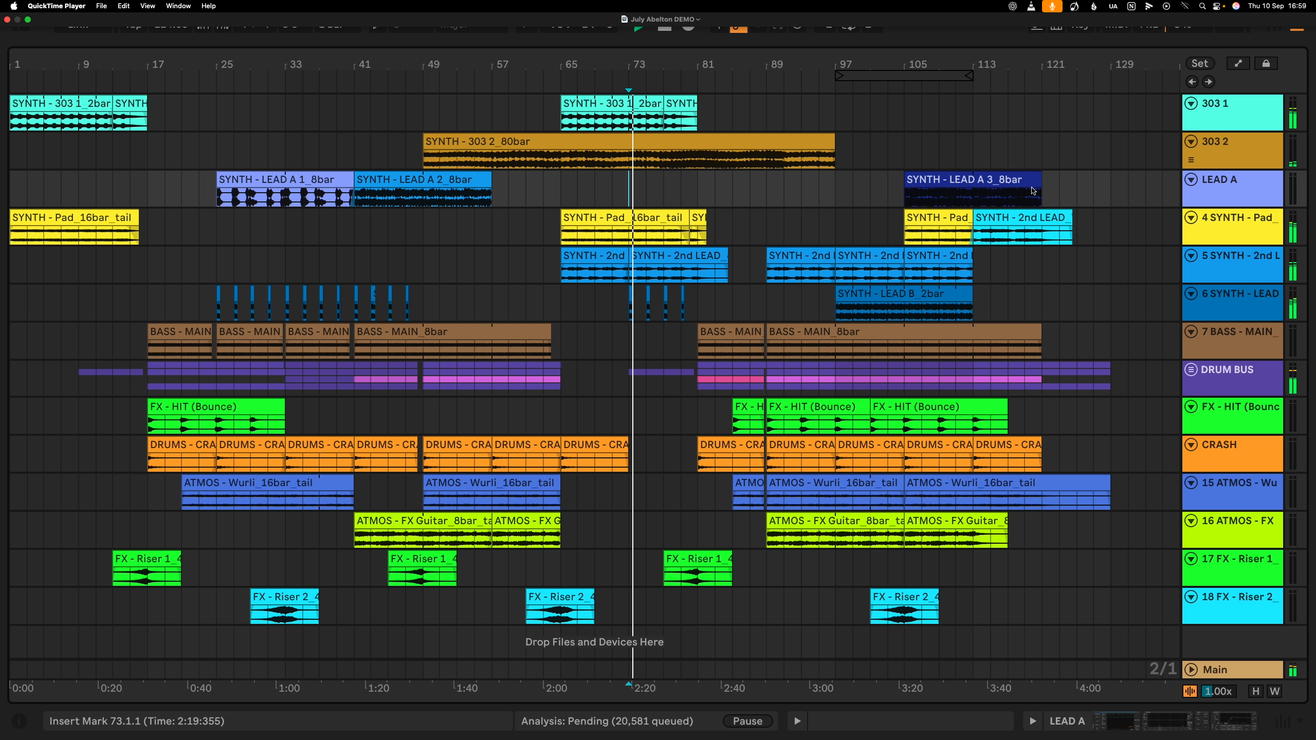 Ableton Live project open in the studio