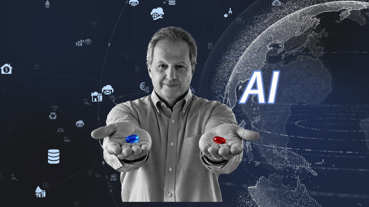 AI Generated Image. Ο Βασίλης Πετρολέκας κρατά ένα μπλε και ένα κόκκινο χάπι σε σκηνικό τύπου Matrix, συμβολίζοντας την επιλογή και την αλλαγή στην εποχή του AI.