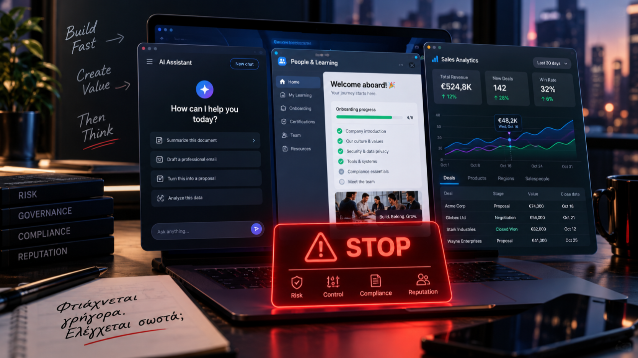 learnAI.gr | Vibe Coding με AI chatbot, employee onboarding app και sales analytics tool, με έμφαση σε έλεγχο, ρίσκο και EU AI Act.