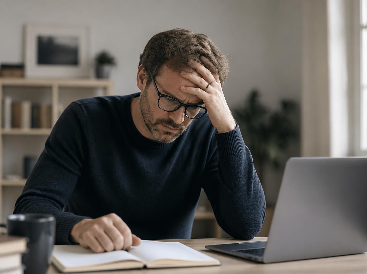 A man at a desk looking overwhelmed
