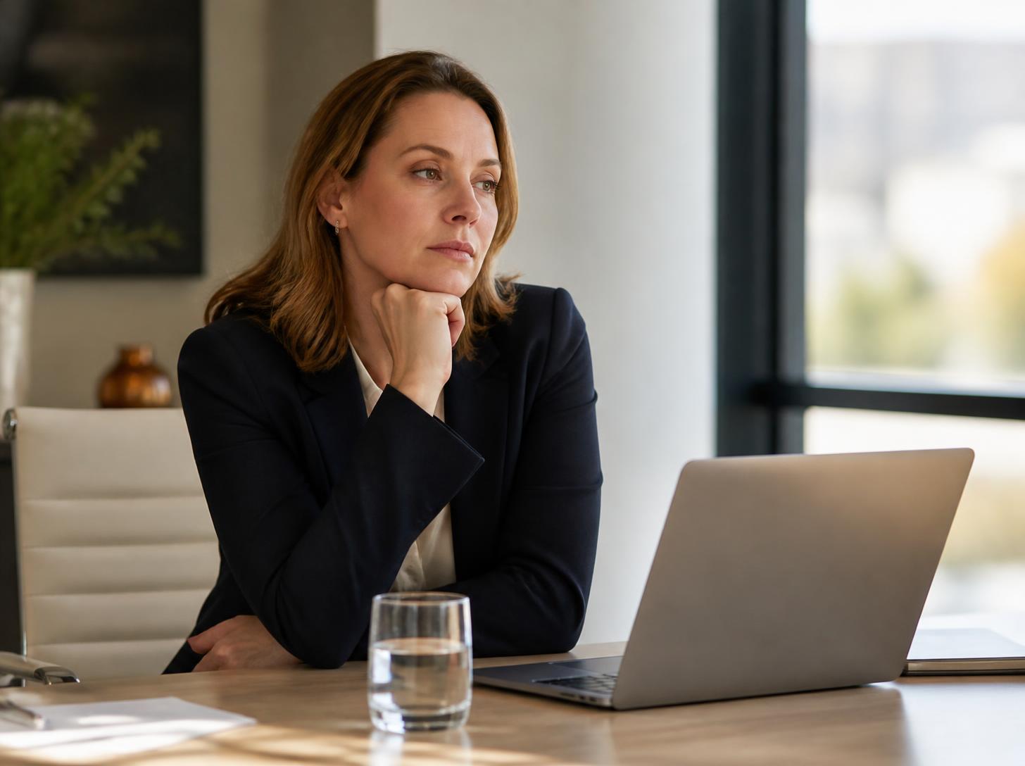 A professional woman at her desk looking tired