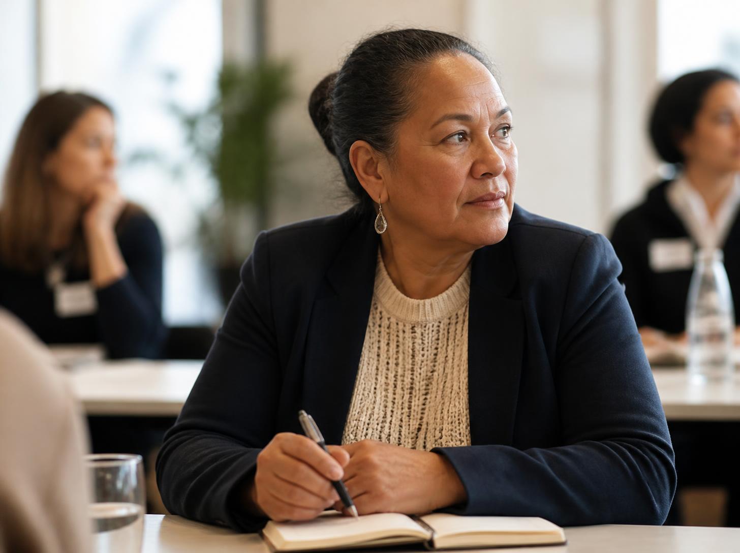 A professional woman looking thoughtful in a workshop room