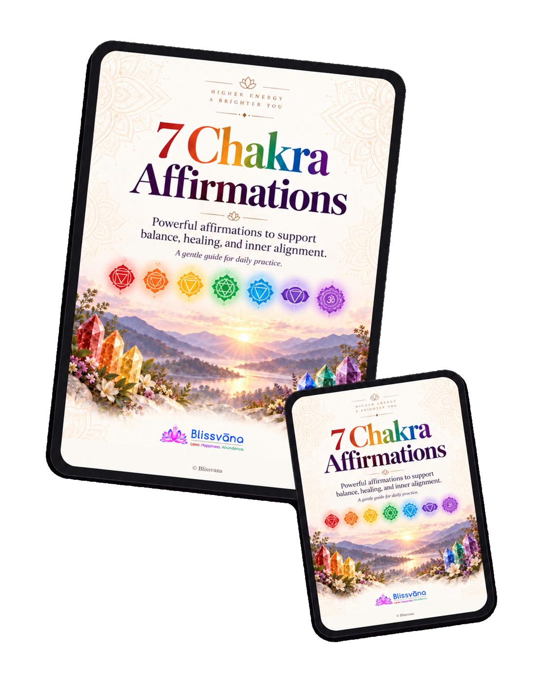 7 Chakra Affirmations guide shown on tablet and phone
