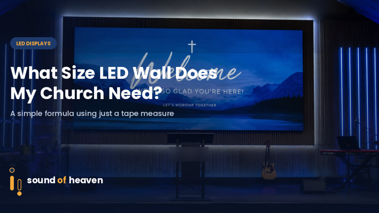 Wide LED welcome screen sized to fit a wood-paneled church stage