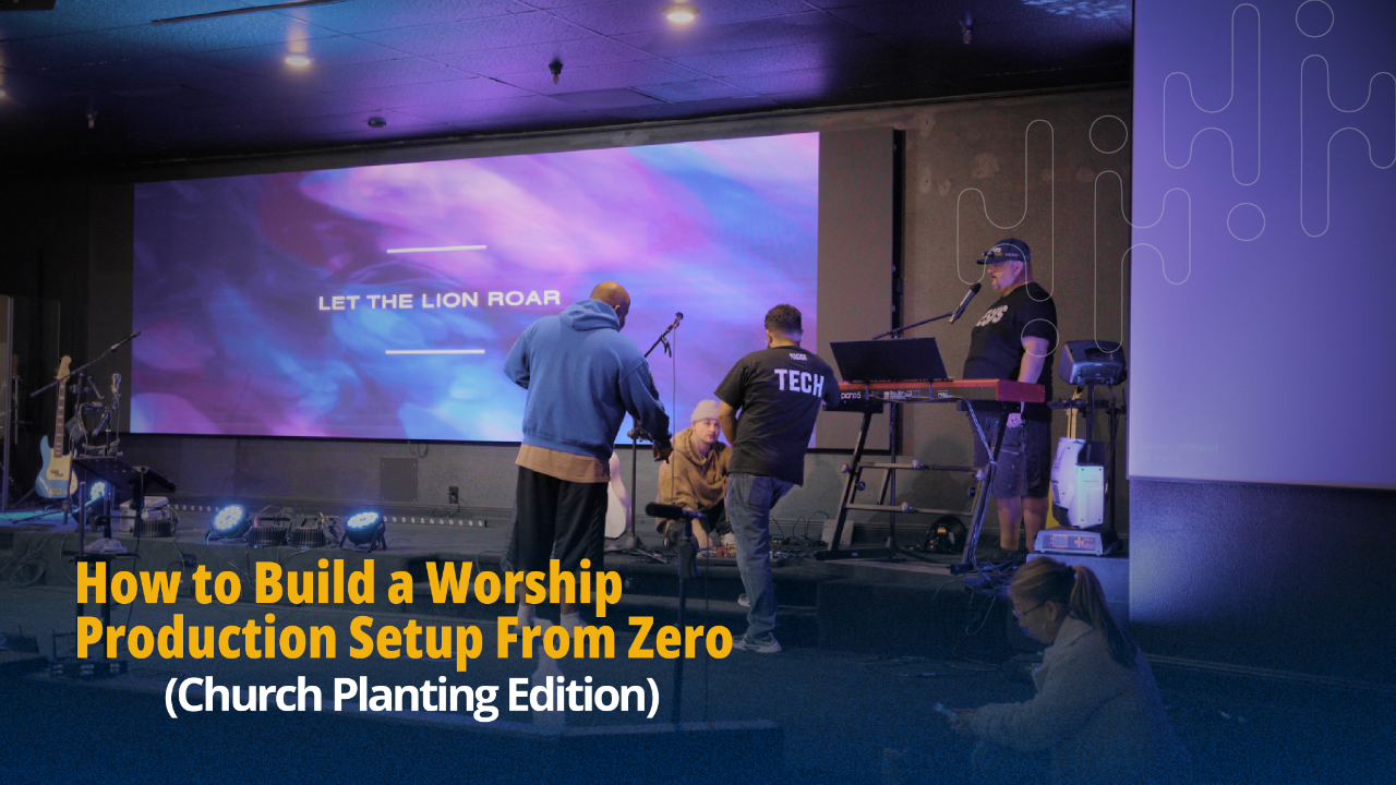Men in a new church setting up worship production system from scratch