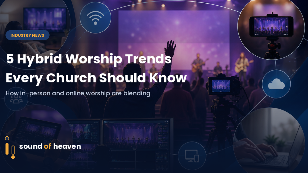 Worship service with hand raised, connected to icons showing online and mobile viewing