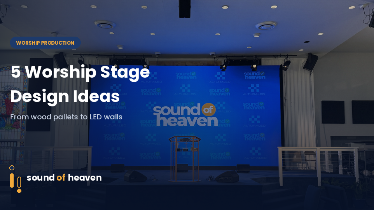 "Church stage design idea using an LED wall backdrop alongside traditional architectural details