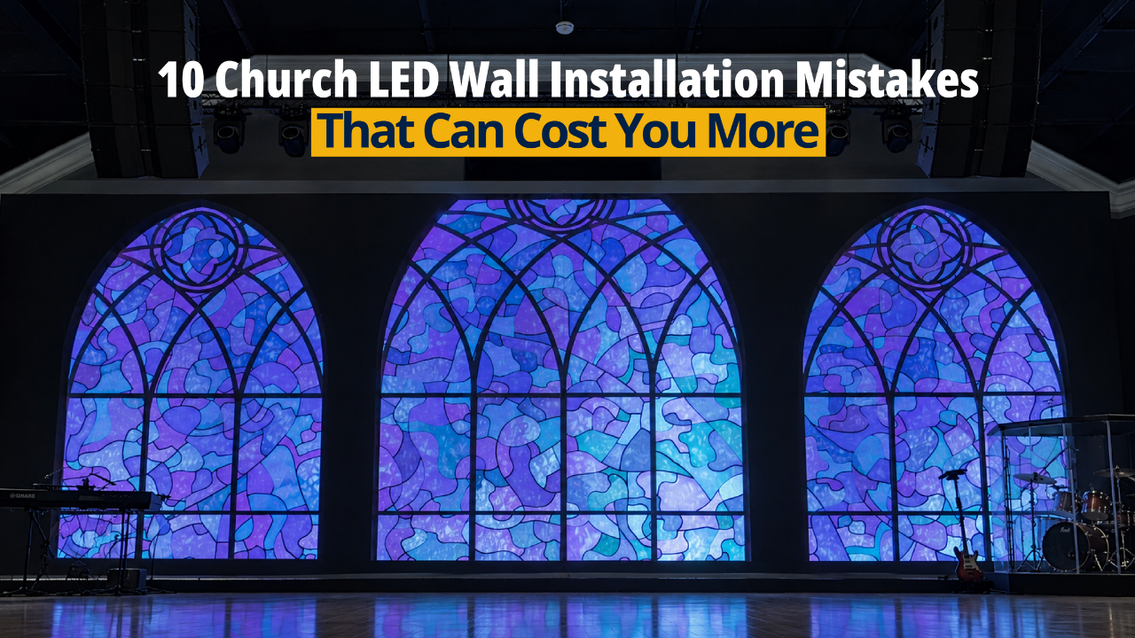 Church stage LED wall displaying stained glass visual, header for 10 church LED wall installation mistakes guide