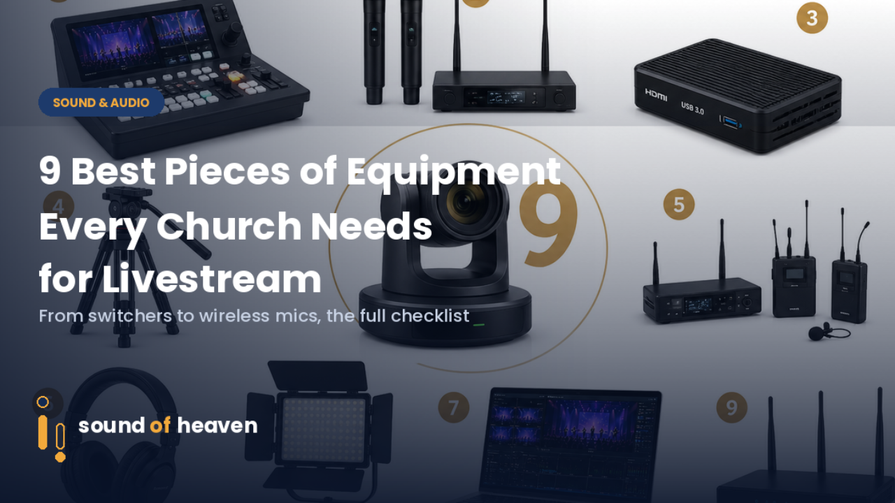 Nine numbered pieces of church livestream equipment including camera, switcher, and wireless mics