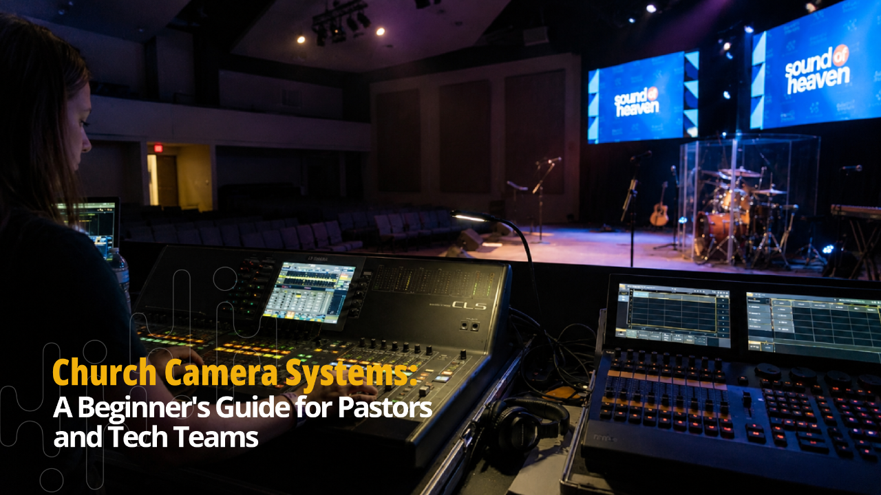 An image with a woman on a computer showing the step by step process of setting a church camera system.