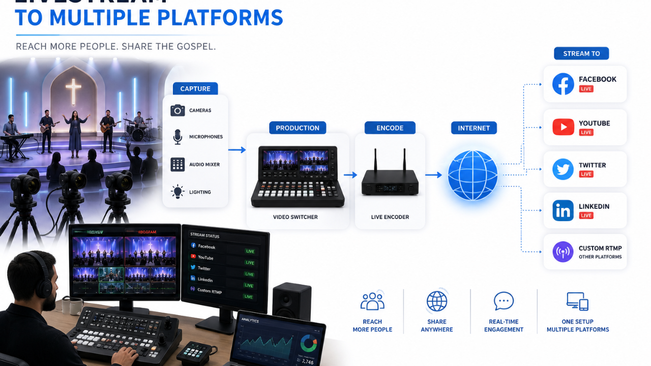 Church livestream setup for broadcasting a worship service to multiple platforms