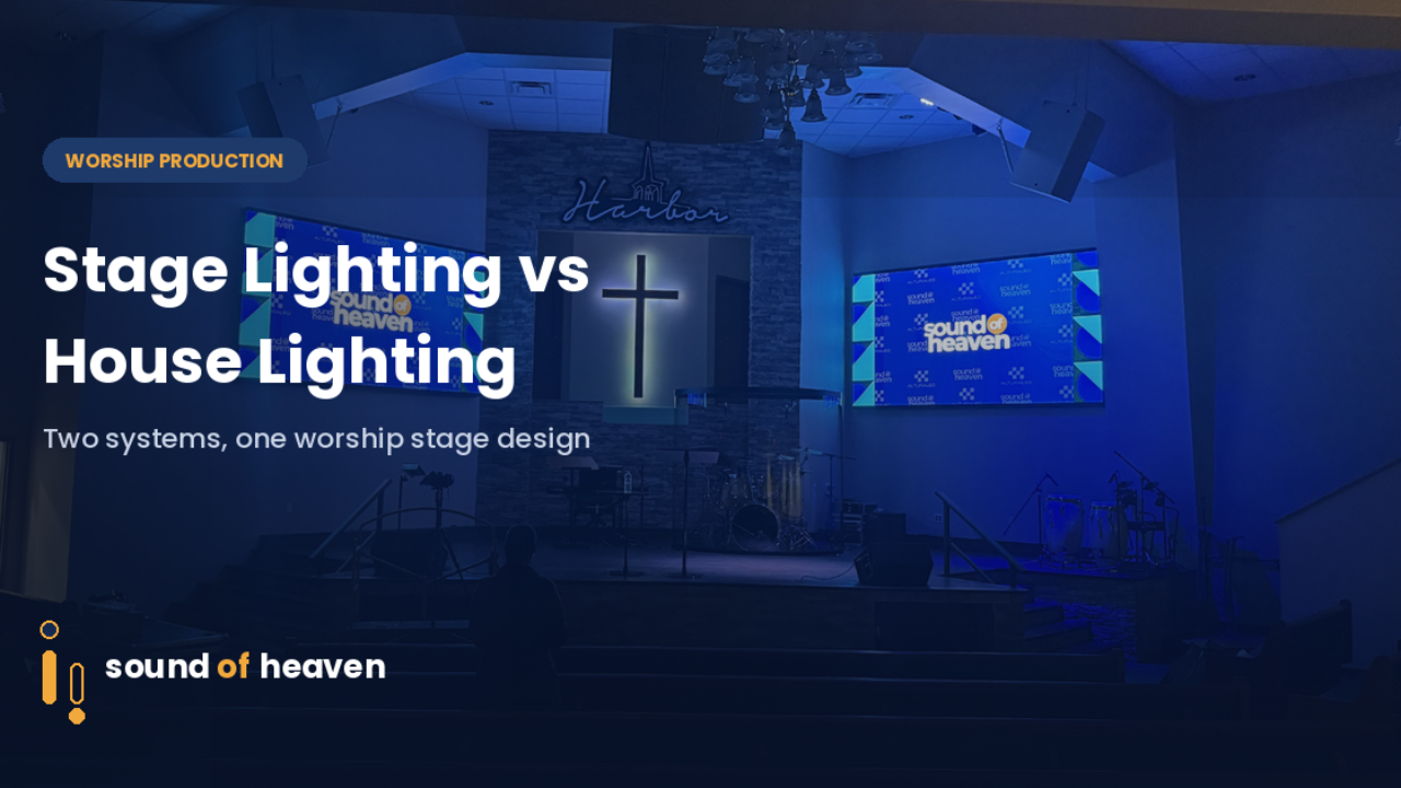 "Worship stage design with blue lighting connecting the stage area and congregation seating